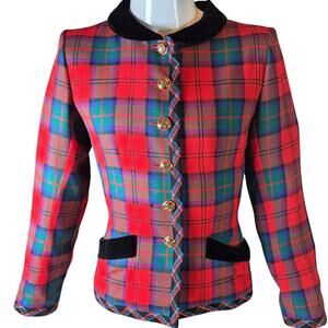 Yves Saint Laurent Rive Gauche 1994 Tartan Velvet Trim Jacket FR38 Wool